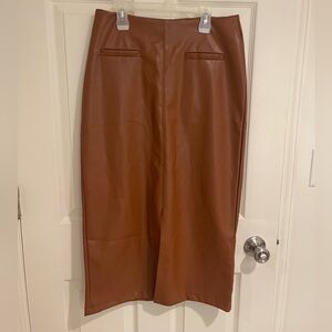 Brown Leather Front Slit Midi Skirt